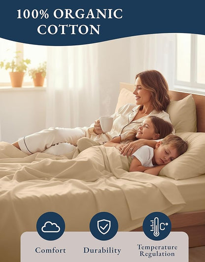 LANE LINEN 100% Organic Cotton Twin Size Bed Sheets, Fully Elasticized Mercerised Cotton Bed Sheet Set, Soft & Comfy Low Pill Face Resistant Bedding Sheets & Pillowcase Set- Linen