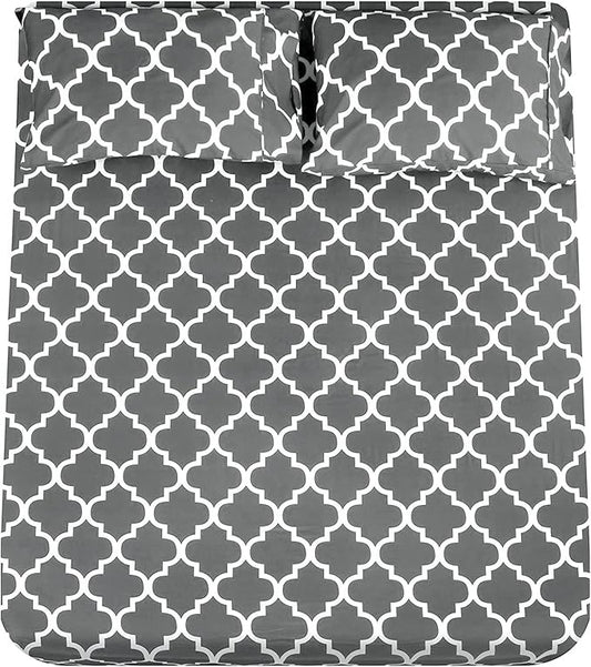 Mejoroom Queen Bed Sheet Set - Super Soft Brushed Microfiber 1800 Thread Count Queen Sheets with 16 inch Deep Pocket - Wrinkle Free - 4 Piece(Queen, Gray Quatrefoil with White Pattern)