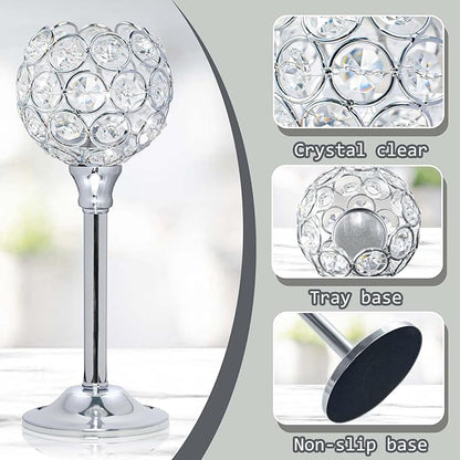 Crystal Metal Tealight Candlestick, Bling Bowl Candelabras, Tall Crystal Votive Candle Holders Elegant Crystal Candle Centerpiece for Dining Table Wedding Decor (Set of 3, Silver)