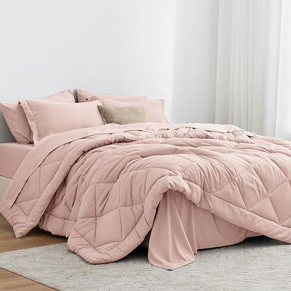 Love's cabin California King Comforter Set Pink, 7 Pieces California King Bed in a Bag, All Season Bedding Sets with 1 Comforter, 1 Flat Sheet, 1 Fitted Sheet, 2 Pillowcase and 2 Pillow Sham