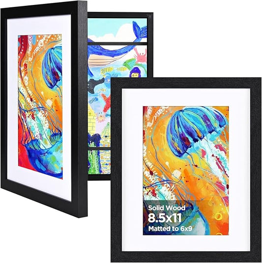 KINLINK 8.5x11 Kids Art Frames Set of 2, Solid Wood Kids Artwork Frames Changeable with Acrylic Front Opening Holds 150 Pictures, Art Frame for Kids Artwork with Mat or without Mat, Black