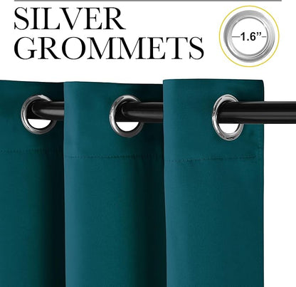 NICETOWN Teal Blackout Cafe Faux Silk Curtains for Small Windows, 42" Wide by 84" Long, 2 Panels, Grommet Thermal Insulated Blackout Satin Drapes for Bedroom