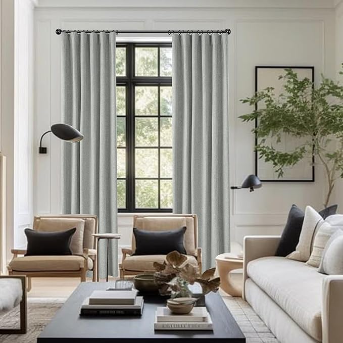 KangBang Extra Wide Blackout Linen Curtains, Sliding Door Curtains 84Wx108L, Back Tab Pocket Pleated Room Darkening Modern Drapes for Cottage High Ceiling(7FTx9FT, Fog Grey,2 Panels)