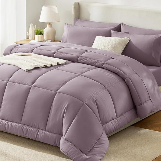 CozyLux Queen Size Comforter Set Dusty Purple - 7 Pieces Bed in a Bag Dusty PurpleComforter Queen Size, Bedding Set with All Season Quilted Comforter, Flat Sheet, Fitted Sheet, Pillowcases