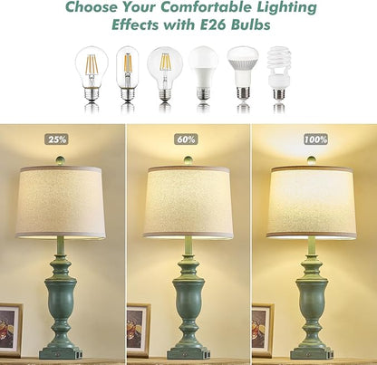 27.5" Set of 2 Farmhouse Table Lamps for Bedroom, 3 Way Dimmable Bedside Lamp with 2 USB +AC Outlet Nightstand Lamps for Living Room Resin Rustic Touch Lamps (Antique Green)