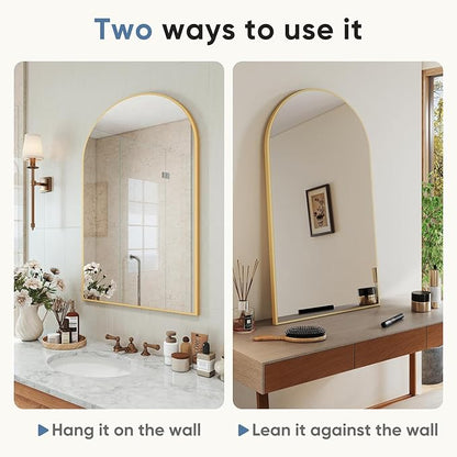 DUMOS Gold Metal Arch Vanity Rounded Rectangle Bathroom Mirrors for Over Sink Wall, 27x38 Inch Large Matte Mirror, Modern Decorative for Restroom, Farmhouse