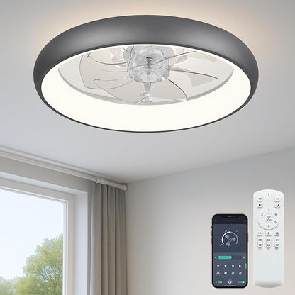 20'' Ceiling Fan with Light, Upgraded Low Profile Fan, Flush Mount Ceiling Fan, 6 Speeds, Dimmable LED, App & Remote Control, Quiet DC Motor, for Bedroom, Living Room, F109 Grey