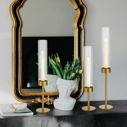 Glass Hurricane Candle Holders Set (3pcs)-Gold Metal Base Taper Candle Stick Holders for Candlesticks Holder Decor, Elegant Dining Table Centerpiece for Wedding, Christmas & Home Decor-Ribbed Glass