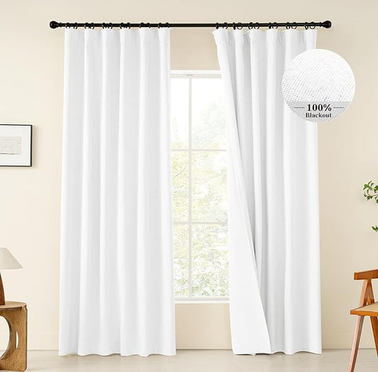 KangBang Pure White Blackout Curtains 84 Inch Length, Faux Linen Room Darkening Curtains for Bedroom Living Room, Back Tab Loop Pocket Pleated Light Blocking Drapes, 52Wx84L, 2Pcs