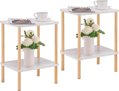 Apicizon 2 Tier End Table Set of 2, Small Side Table with Solid Wood Legs, Boho Bedside Table with Storage Shelf, Nightstand for Small Spaces, Bedroom, Living Room, Entryway, White+Natural
