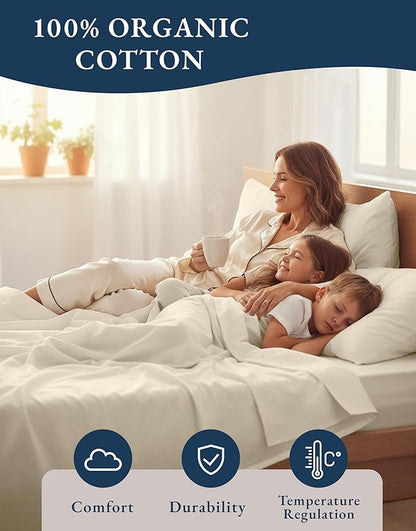 LANE LINEN 100% Organic Cotton Sheets King Size - 4 Pc Bed Sheets King Size, Soft & Breathable Cotton Sheets Set, Percale Sheet & Pillowcase Sets, deep Pocket Sheets Set - Natural