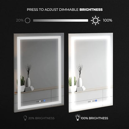 Fab Glass and Mirror LED Mirror 28x36 Inches, Led Bathroom Mirror with Lights Front and Backlit Anti-Fog Memory Brightness, Three Color Options Frameless Wall Mounted Bathroom Vanity Mirror