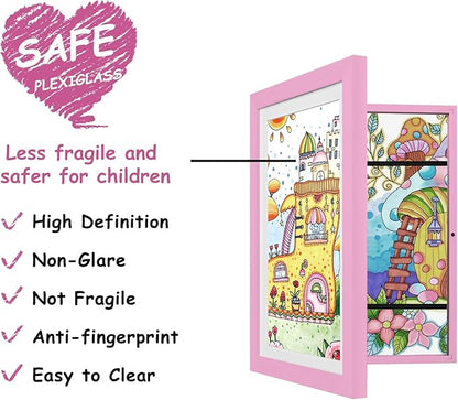 KINLINK A4 Kids Art Frames Set of 2, Solid Wood Kids Artwork Frames Changeable with Acrylic Front Opening Holds 150 Pictures, Art Frame for Kids Artwork with Mat or without Mat, Pink