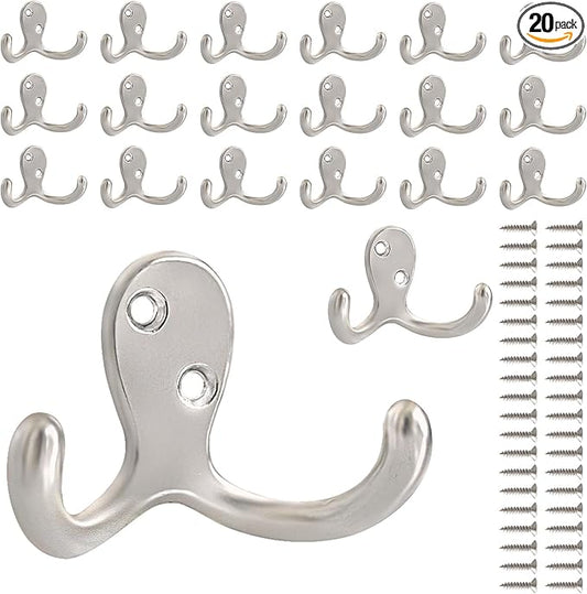 20 Pack Coat Hooks Wall Hooks for Hanging, Heavy Duty Double Prong Metal Hook Wall Mounted for Living Room, Bathroom, Kitchen, Bedroom for Coat, Bag, Scarf, Towel, Hat, Key, Cup (Silver)