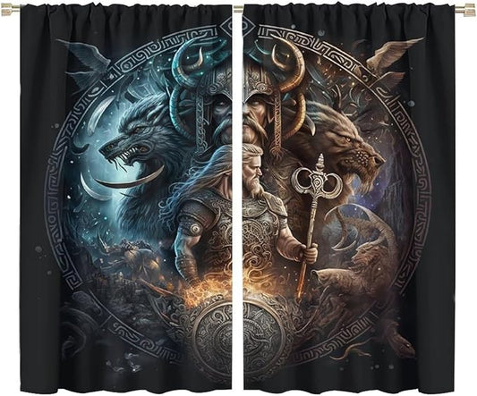 Cool Norse Viking Theme Curtains,Fantasy Ancient Symbols Wildlife Wolf Nordic Vikings Window Drapes Thermal Insulated Rod Pocket Blackout Drapes for Bedroom 2 Panels 63L x 36W