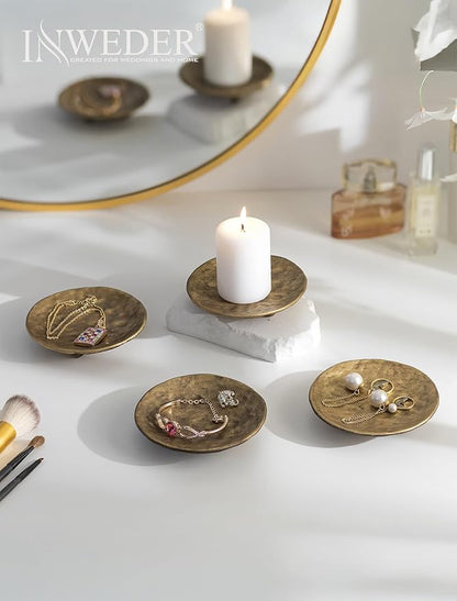 Cast Iron Candle Holder: 4.6 in Pillar Gold Candle Plate Brass Pedestal Stand Vintage Decorative Tray for 3 Wick Jar Candles Tealight Votive for Table Home Christmas Set of 2