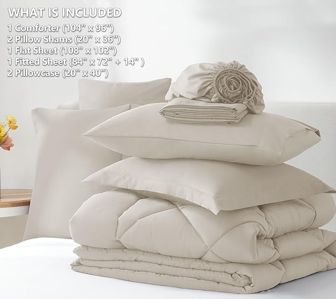 CozyLux California King Comforter Set Beige - Cal King Bed in a Bag 7 Pieces, Luxury Soft Bed Set for All Seasons, Bedding Set with Comforter, Sheets, Pillowcases & Shams