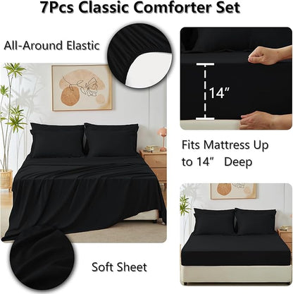 CozyLux Queen Comforter Set Black - Bed in a Bag Queen Size 7 Pieces, Luxury Soft Bed Set for All Seasons, Bedding Set with Down Alternative Comforter, Sheets, Pillowcases & Shams