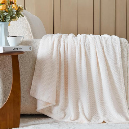 NEWCOSPLAY Super Soft King Blanket Ivory Premium Silky Flannel Fleece Leaves Pattern Lightweight Bed Blanket All Season Use (Ivory, King(90"x110"))