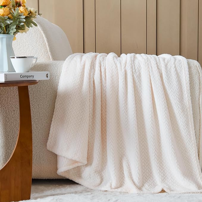 NEWCOSPLAY Super Soft Twin Blanket Ivory Premium Silky Flannel Fleece Leaves Pattern Lightweight Bed Blanket All Season Use (Ivory, Twin(60"x80"))