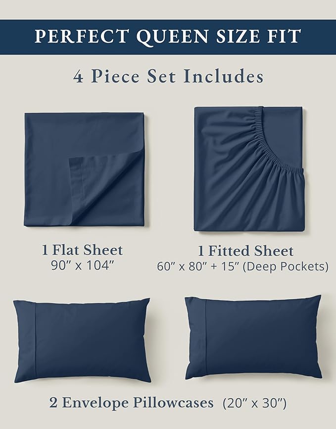 LANE LINEN Eco Friendly 100% Organic Cotton Bed Sheets Queen Size, Soft & Comfy Percale Weave, Fully Elasticized Mercerized Naturally Cooling Cotton Sheets Queen Size Set- Navy