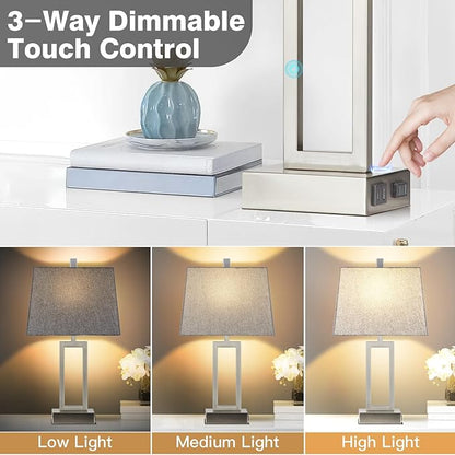 Touch Control Table Lamps Set of 2, Modern Silver Bedside Lamps with USB A+C Ports & AC Outlet, 3 Way Dimmable Contemporary Nightstand Lamps for Bedroom Living Room(LED Bulb Included)
