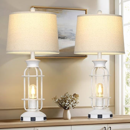 28" Vintage Table Lamps with USB C+A Ports & Outlet, Industrial Farmhouse Table Lamp for Living Room, Rustic Mid Century Modern Bedside Lamps with Nightlight & Beige Fabric Lampshade, Oil-Rubbed White