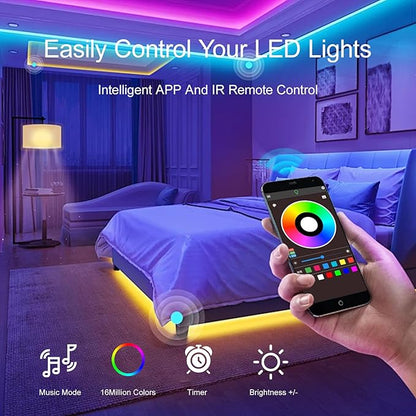 50 FT LED Lights For Bedroom, Music Synchronized RGB Color Changing LED Strip Lights, With 44 Key Infrared Remote Control and Application Control, Room Home Living Room Kitchen Decoration Party