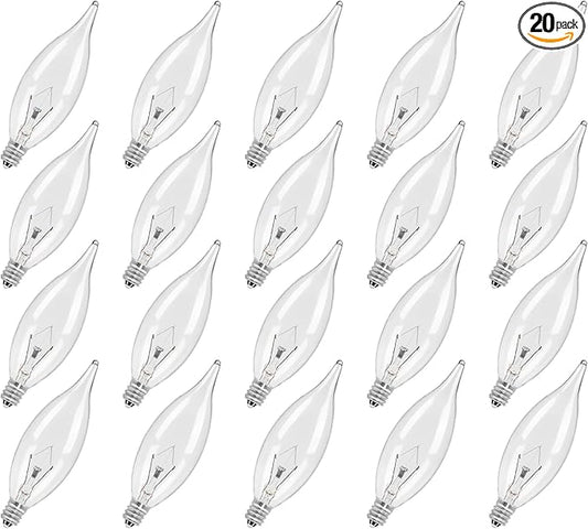 20-Pack E12 Candle Light Bulbs 40W Warm White 2500K, 380 Lumen Dimmable Chandelier Light Bulbs for Ceiling Fan, Pendants or Outdoor, CA10 Clear Candelabra Base Bulbs
