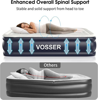 Air Mattress Queen with Built in Pump,18'' Inflatable Mattress of Vertical Beams,Self Inflatable/Deflation Blow Up Mattress in 3 Mins,Flocked Top Airbed with Carry Bag for Home, Camping