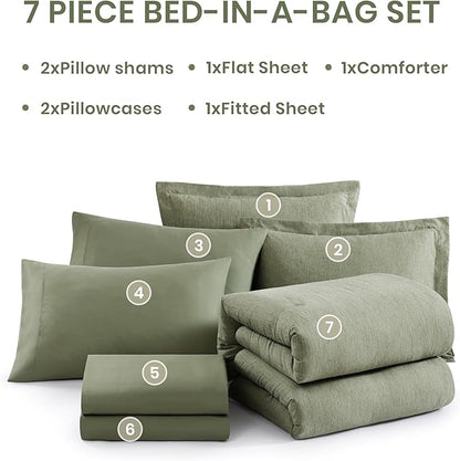 Monbix Full Size Comforter Set, Sage Green Bedding Comforter for Full Size Bed Set Reversible, Bedding Sets Full 7 Pieces, Cationic Dyeing Bed in a Bag with Comforter, Sheets, Pillowcases & Shams