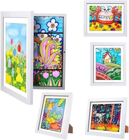 Kids Art Frames,10x12.5 Front Opening Kids Artwork Frames Changeable, Displays 8.5x11 or 9x12 With Mat, Holds 50 Pcs, for 3D Picture,A4 Artwork,Crafts, Childrens Drawing,Art Projects Storage(Wood)