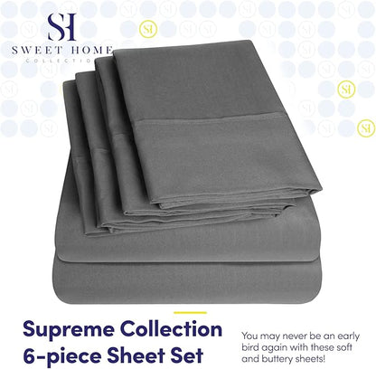 Sweet Home Collection 6 Piece 1500 Supreme Collection Brushed Microfiber Deep Pocket Sheet Set-2 Extra Pillow Cases, Great Value, Rv Short Queen, Gray