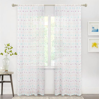 MYSKY HOME Curtains for Living Room 84 Inch Long Rainbow Pom Pom Curtains for Bedroom Sheer Curtains for Nursery Windows Rod Pocket Privacy Drapes Dining Room 38" x 84" 2 Panels