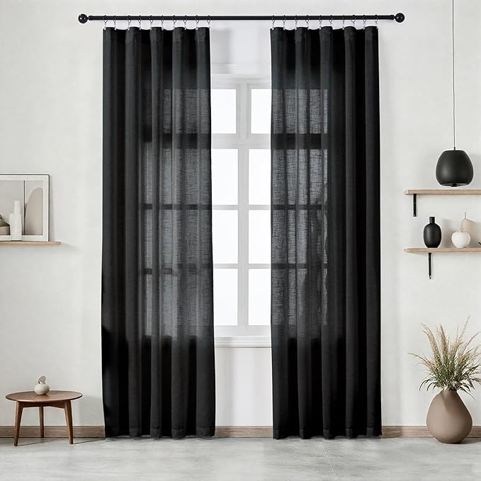 Black Curtains Semi Sheer 96 Inches Long, Linen Textured Light Filtering Drapes for Living Room Bedroom, Dark Moody Modern Farmhouse Window Decor, Pinch Pleat Curtain with Hooks