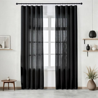 Black Curtains Semi Sheer 108 Inches Long, Linen Textured Light Filtering Drapes for Living Room, Dark Moody Modern Farmhouse Window Decor, Floor to Ceiling Pinch Pleat Curtain with Hooks
