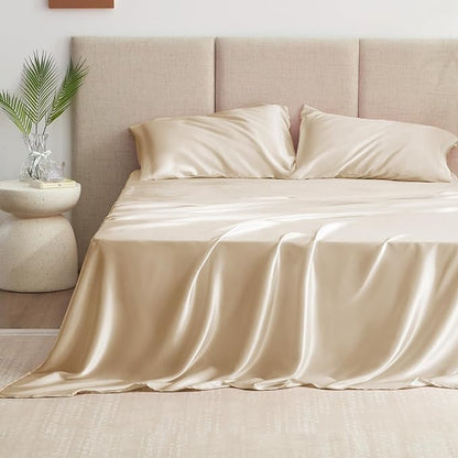 Love's cabin Satin Queen Sheets Set - 4 Piece Beige Silky Bed Sheets Set with Deep Pocket, Luxury Silk Feel Satin Queen Size Sheet Set (1 Flat Sheet,1 Fitted Sheet,2 Pillow Cases)