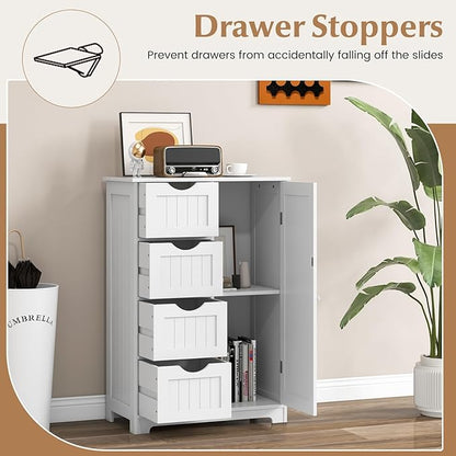 Giantex Storage Cabinet with 4 Drawers, Bathroom Storage Organizer with Cupboard, Adjustable Shelf, Anti-Toppling Device, Floor Cabinet, Entryway Storage Unit Console Table, White