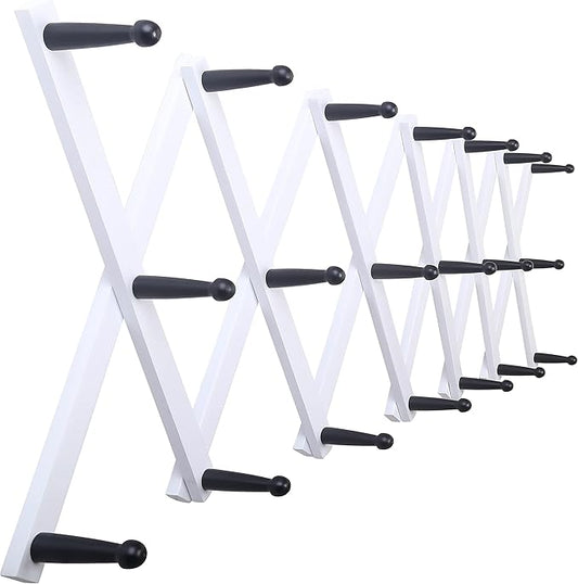 SKOLOO Hat Rack for Wall with 20 Hooks, Solid Wooden, Modern, Expandable Coat Rack Wall Mount for Coats, Hats, Bags, Baseball Caps, Black on White
