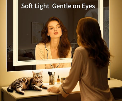 48"x32" LED Bathroom Mirror with Anti-Fog, Stepless Dimmable Lights, 3 Color Modes, Shatter-Proof Tempered Glass, Memory Function & Waterproof Design