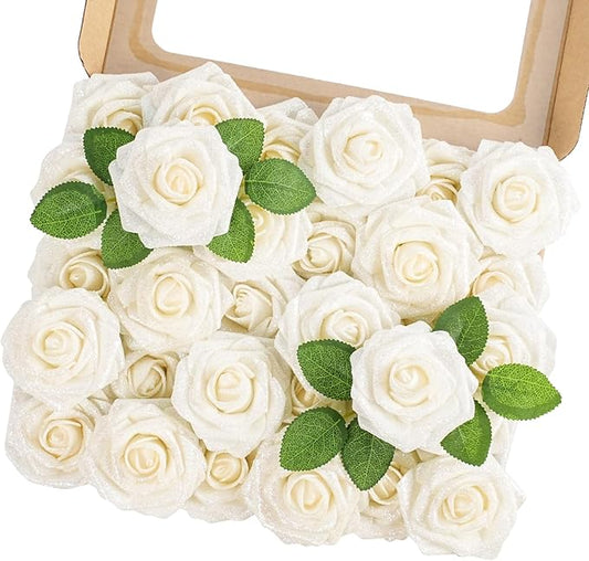 MACTING 30PCS Artificial Glitter Roses Real Looking Fake Flowers with Stem White Foam Roses for Wedding Bouquet Centerpieces Party Wreath Home Easter Spring Mothers Day Decorations