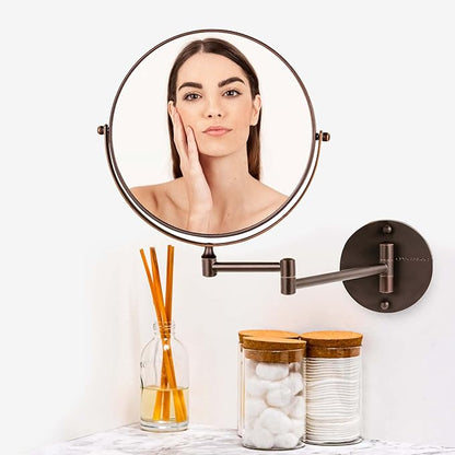 OVENTE 9" Wall Mounted Makeup Mirror with 1X/10X Magnification, Double Sided Magnifying Round Bathroom Vanity Mirror, 360° Swivel Design, Extendable and Folding Arm, Antique Bronze MNLFW90ABZ1X10X