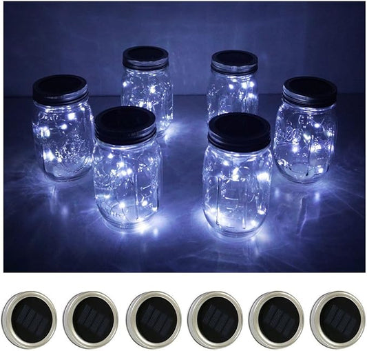 Decorman Solar Mason Jar Lid Lights, 6 Pack 10 LED Waterproof String Fairy Star Firefly Jar Lids Lights for Patio Garden Yard Lawn Party Wedding Christmas Decoration(Jars & Hangers Not Included)