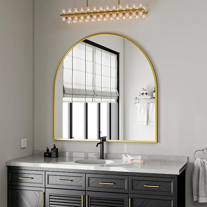 VooBang Wide Arched Wall Mirror, 38 x 40 inch Arch Bathroom Mirror, Wall Mounted Vanity Mirror with Arch Metal Frame, Modern Bathroom Vanity Mirror for Bedroom, Living Room, Hanging or Leaning, Gold