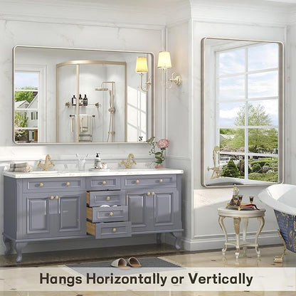 60x28 Inch Brushed Nickel Bathroom Mirror, Large Brushed Silver Metal Framed Wall Mirror, Rounded Corner Rectangle Modern Vanity Mirror, Tempered Glass, Anti-Rust, Shatterproof (Horizontal/Vertical)