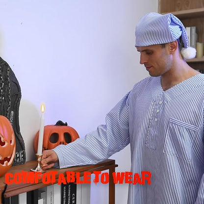 Toulite 4 Pcs Men's Pajama Set Includes Men's Nightshirt Night Sleeping Cap Candle Holder and Candle for Halloween Christmas(Medium)