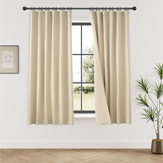 KangBang Beige Linen Blackout Curtains 72 Inches Long 6 ft, Back Tab Loop Pocket Room Darkening Soundproof Privacy Drapes for Traditional Family Room Bedroom,52x72 Inch, 2 Panels