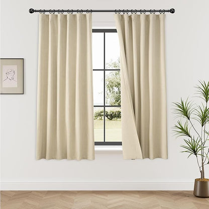 KangBang Thermal Blackout Curtains 63 Inch Length for Bedroom, Back Tab Loop Pocket Pleated Linen Woven Textured Curtains, 100% Light Blocking Drapes for Living Room(W52xL63,2 Panels,Natural Beige)