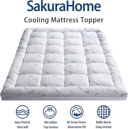 Mattress Topper Short Queen RV Size, Cooling Extra Thick Breathable Viscose Made from Bamboo Mattress pad, Soft Quilted Fitted Mattress Cover with 1000 GSM Down Alternative Fill (8-21”Deep Pocket)