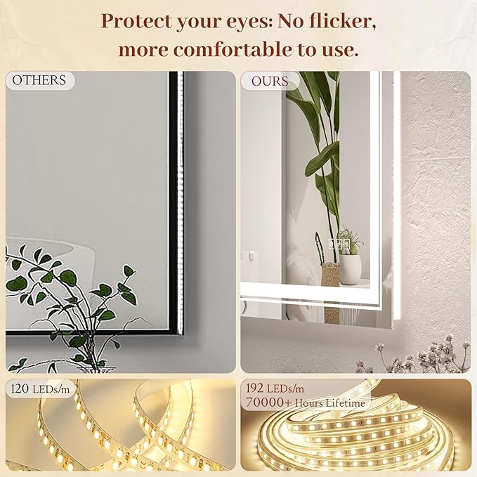 40x36 LED Mirror for Bathroom with Front and Backlit Light Up Digital Mirrors for Wall,Anti Fog,Stepless Dimmable,Tempered Silver Glass Smart Vanity Mirror for Bathroom